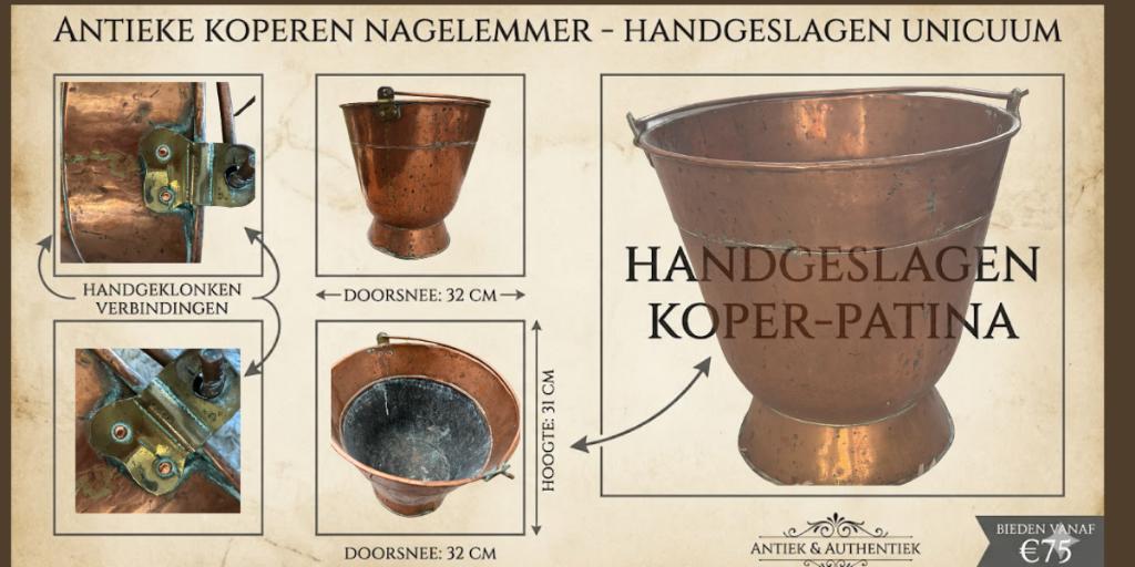 Unieke Antieke Koperen emmer – Handgeslagen Vakmanschap, Antiek en Kunst, Antiek | Koper en Brons, Ophalen, Koper