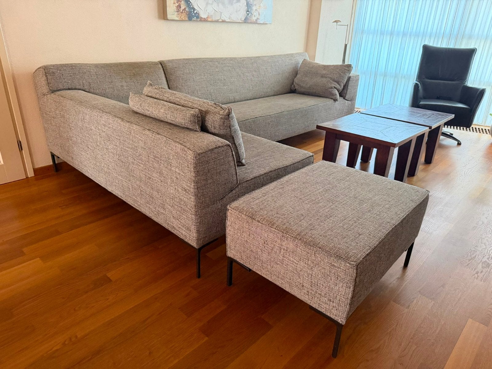 Hoekbank Design on Stock Bloq met poef en kussens, Ophalen, Modern design, Gebruikt, Hoekbank