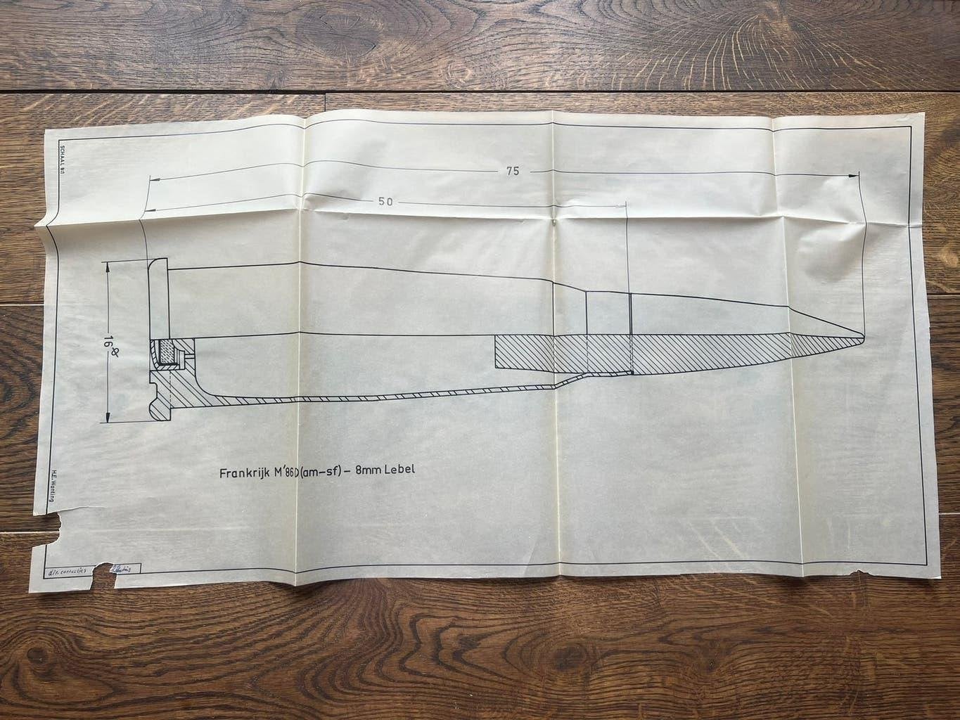 Nederlandse technische tekening 8 mm lebel patroon hembrug?, Verzenden, Hulzen of Bodemvondsten, Nederland