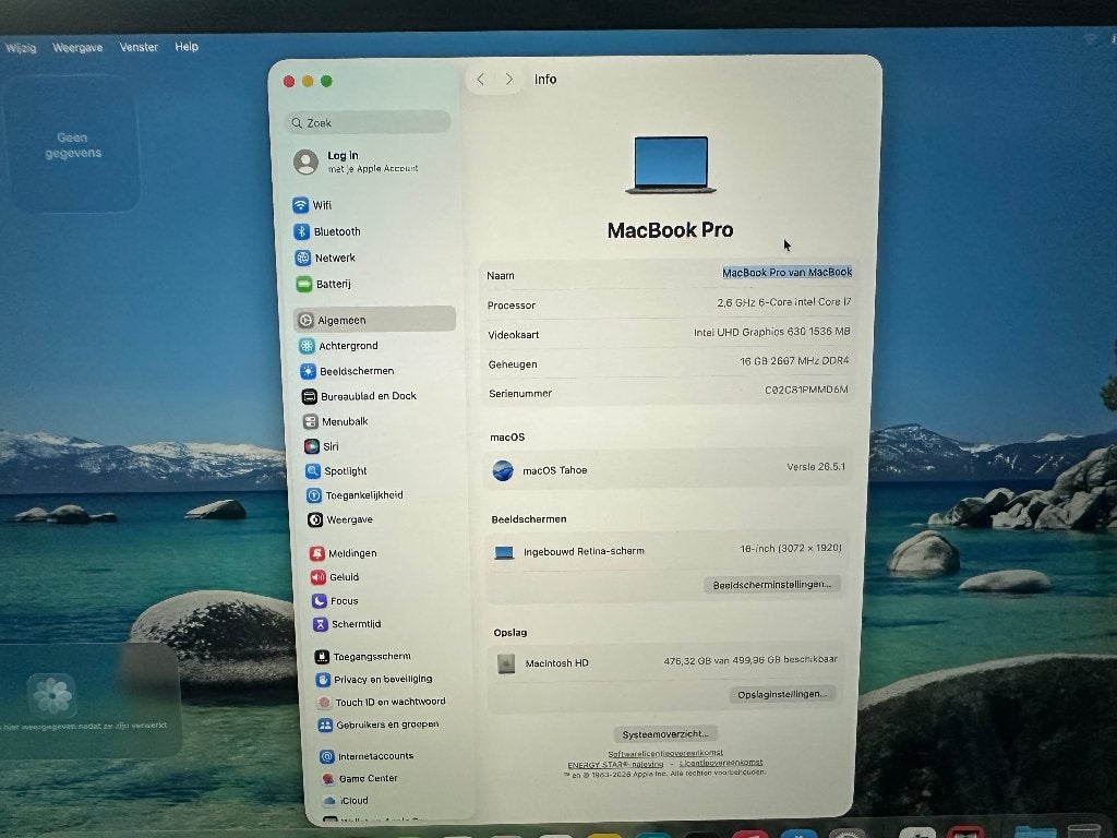 Macbook Pro 2019  i7 2.6ghz 16gb 512gb Touchbar 16inch, 512 GB, Apple, 16 inch, Ophalen