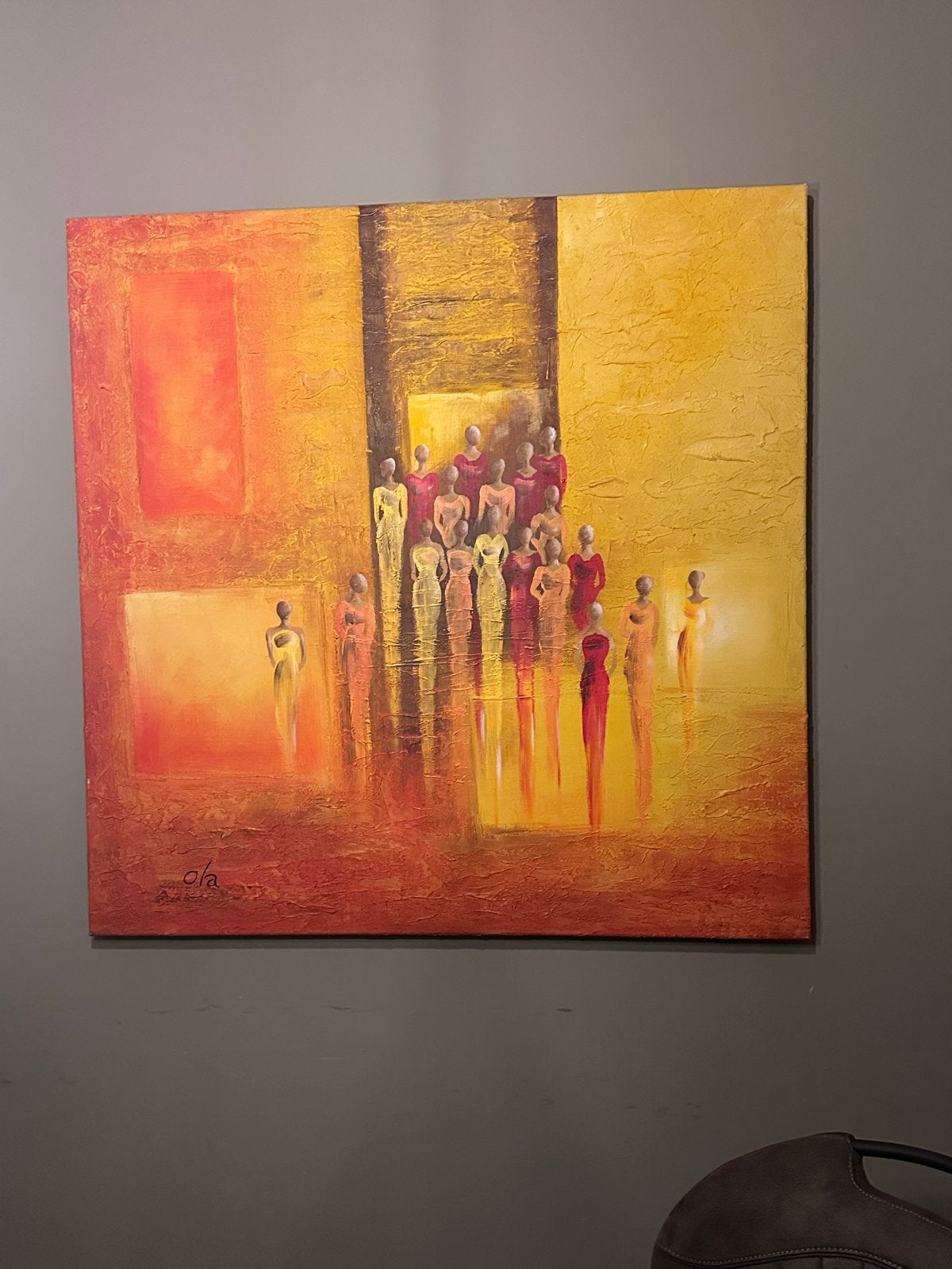 Mooi olieverfschilderij 'Me and the Others' van Ola, 100x100, Figuren, Ophalen of Verzenden, Textiel, Gesigneerd