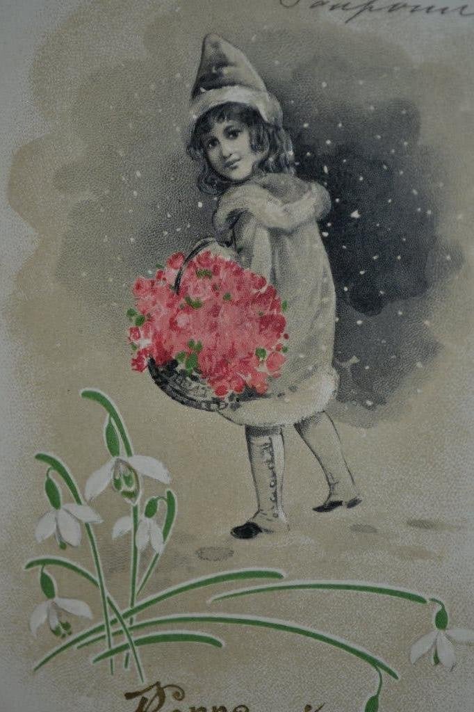 frankrijk relief `1905 meisje mandje roosjes sneeuwklokjes, Ophalen of Verzenden, Voor 1920, Gelopen, Sterren en Beroemdheden