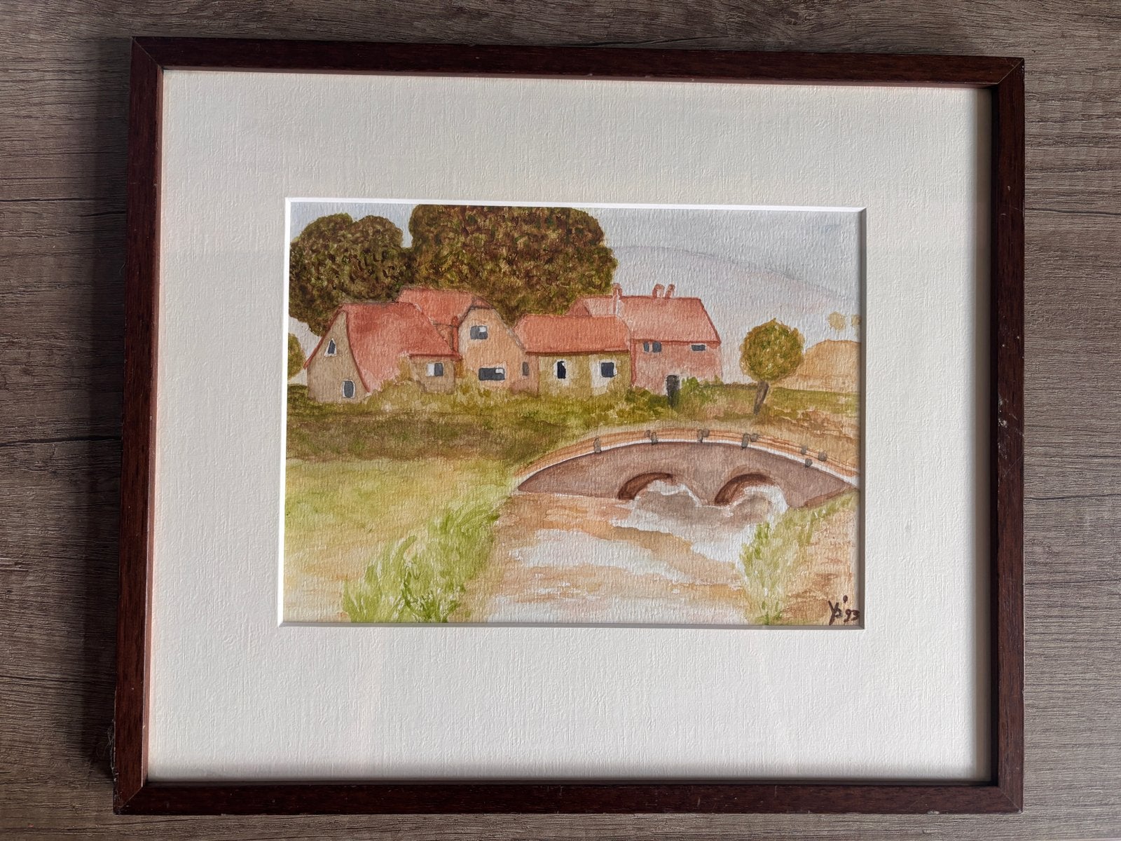 Schilderij Aquarel Landschap met Brug en Huizen, Antiek en Kunst, Realistisch, Ophalen of Verzenden, Gesigneerd, Landschap