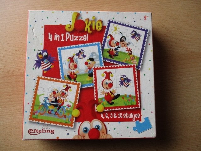 Efteling Jokie puzzeldoos  4 in 1 puzzel  4, 6, 9 en 16 stuk, Ophalen of Verzenden, Meer dan 50 stukjes, Gebruikt