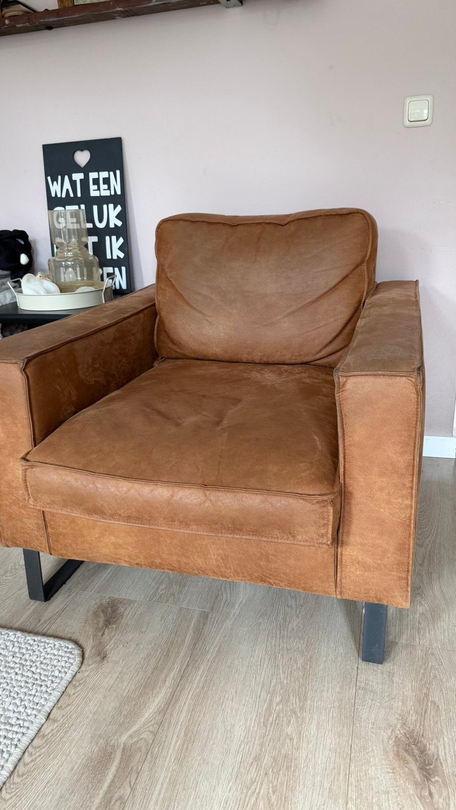 Fauteuil cognac bruin leer look, Ophalen, Gebruikt, 100 tot 125 cm, Leer