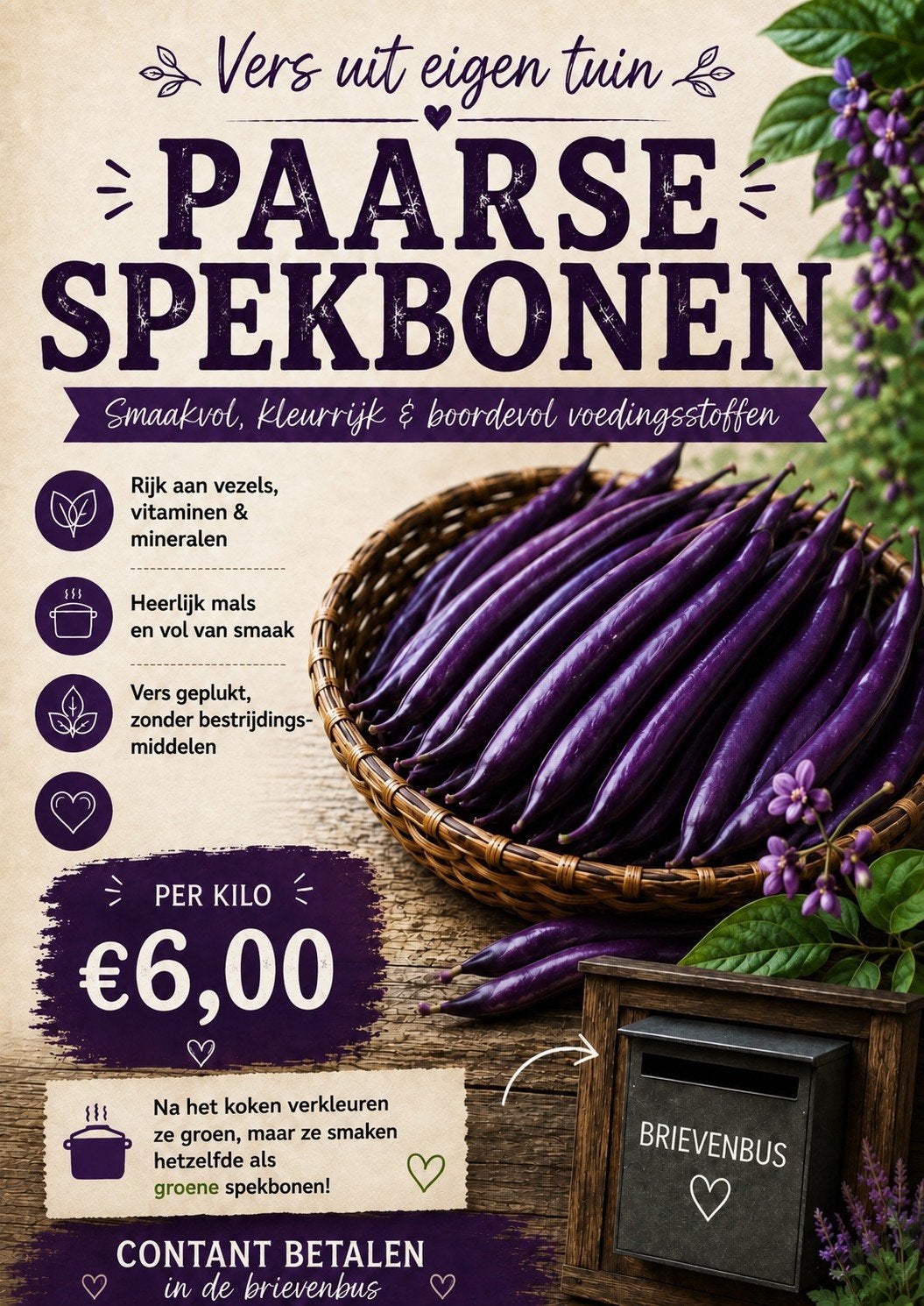 Heerlijke paarse spekbonen, vers geplukt, Diversen, Ophalen of Verzenden