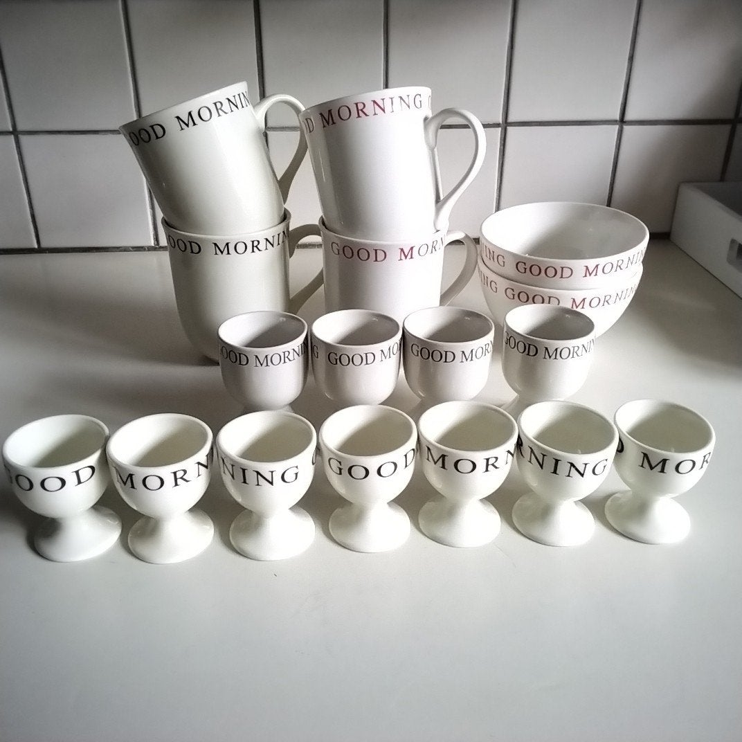 vos " good morning" mokken,schaaltjes en eierdopjes, Ophalen of Verzenden, Overige stijlen, Kop(pen) en/of Schotel(s)
