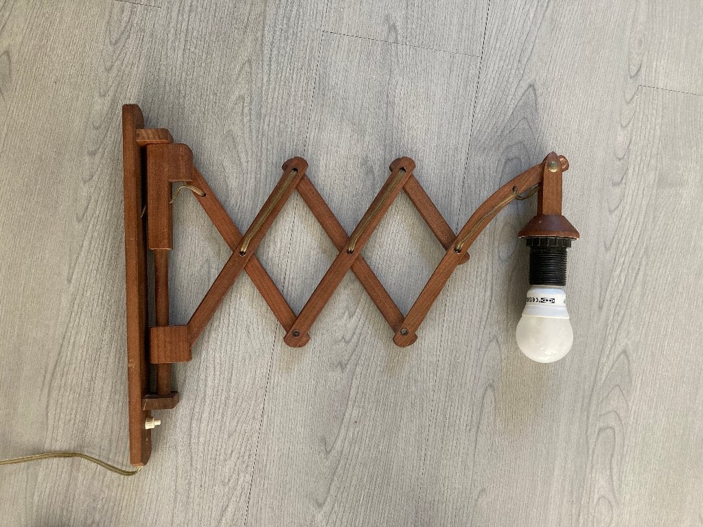 Retro/vintage teakhouten schaar-/harmonicalamp, jaren 50/60, Huis en Inrichting, Gebruikt, Bruin, Overige merken, Wandlamp