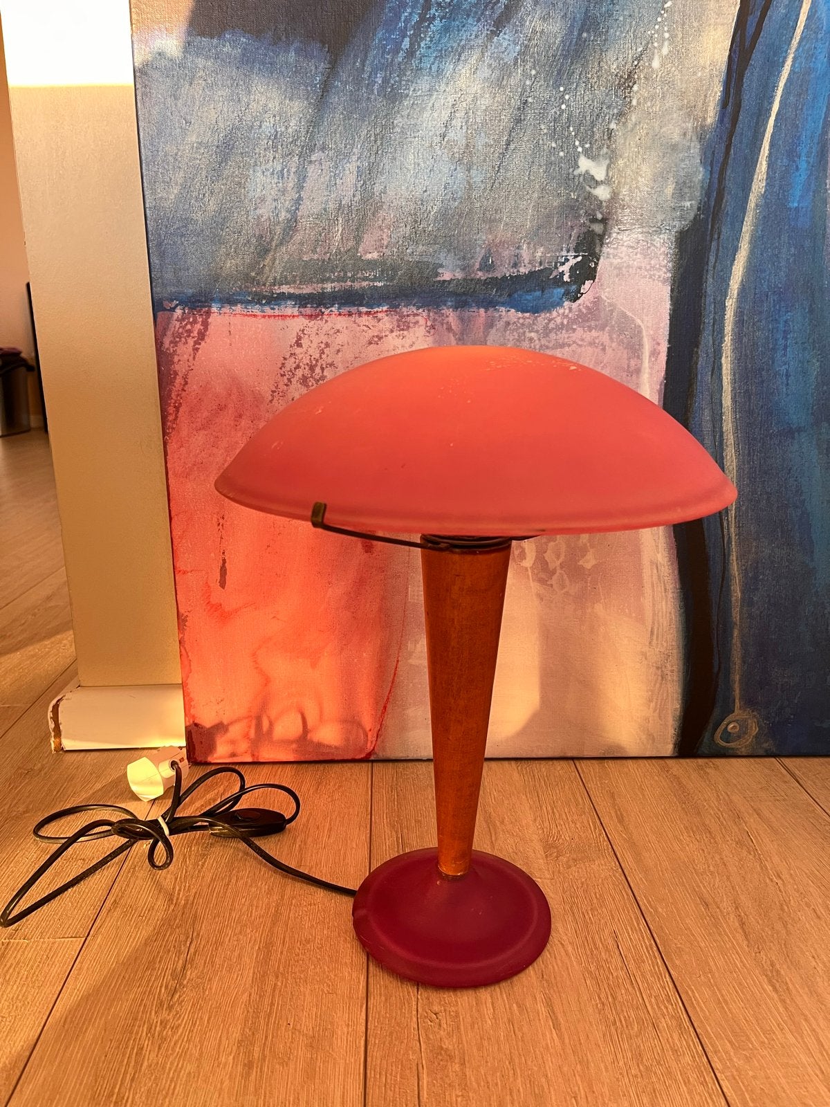 Retro vintage tafellamp roze glas & hout, Ophalen, Gebruikt, Vintage, Glas