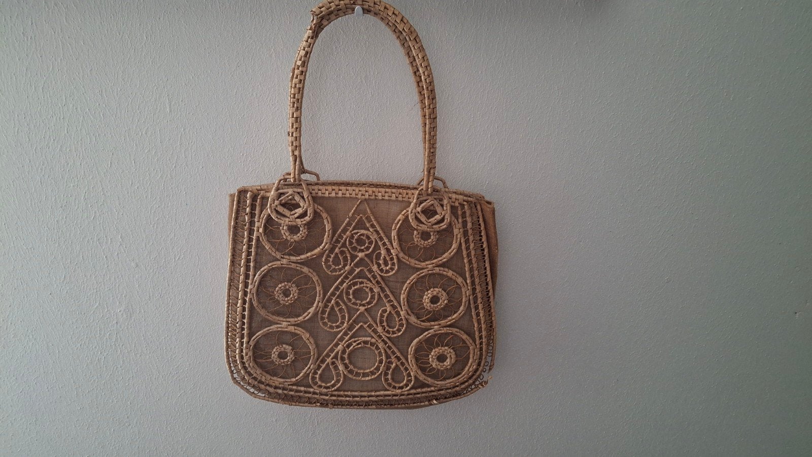 Vintage rieten handtas met uniek patroon, Ophalen of Verzenden, Gebruikt, Bruin, Handtas