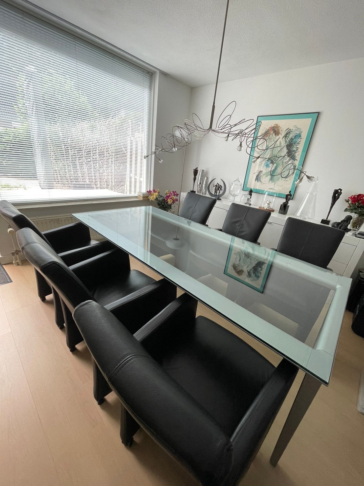 Tafel met 6 leren zwarte eetkamerstoelen, merk Riva!, Ophalen, Gebruikt, Zwart, Leer
