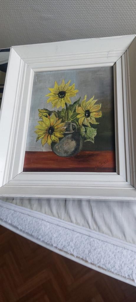 Schilderij zonnebloemen in vaas, Ophalen of Verzenden
