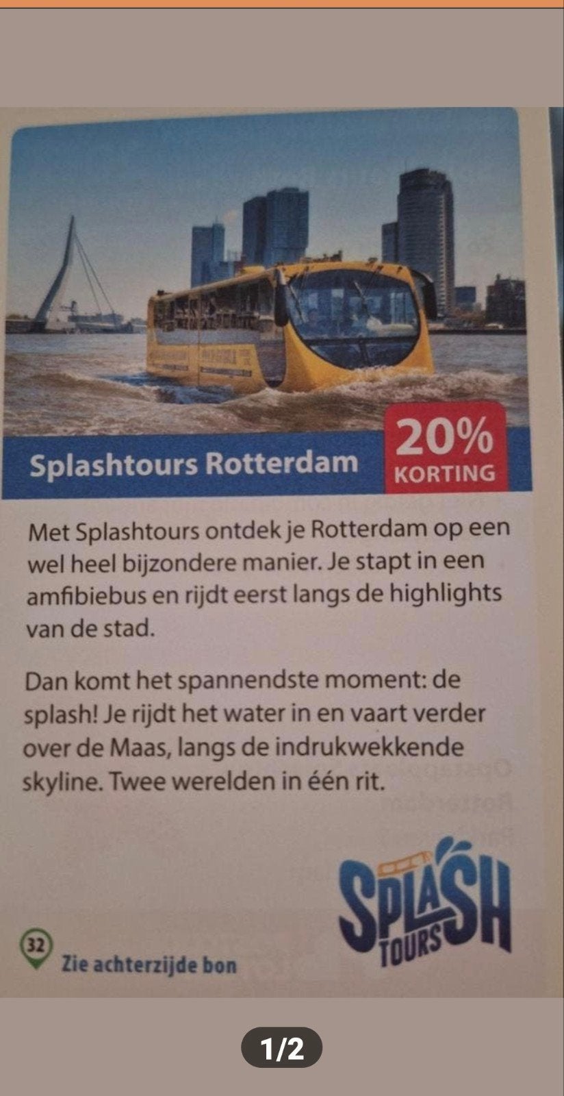 Splashtours Rotterdam 20% korting, Tickets en Kaartjes, Drie personen of meer, Kortingsbon
