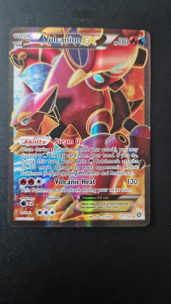 Volcanion EX 107/114 Steam Siege Pokemon, Ophalen of Verzenden, Zo goed als nieuw, Losse kaart