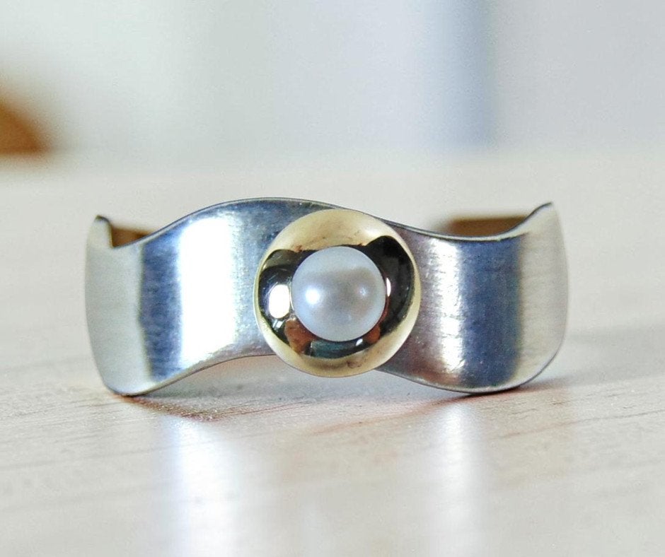 #12 NIEUWE golvende 925 zilver/14k gouden PAREL ring M17!