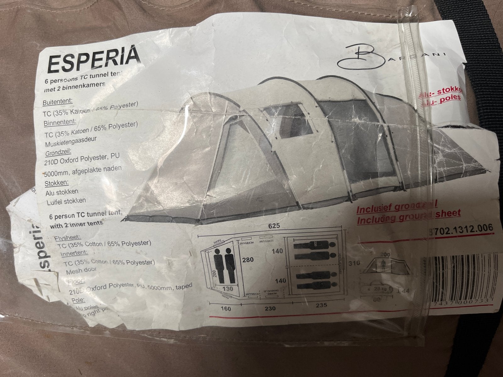 ESPERIA 6-persoons TC tunneltent met 2 binnenkamers, Ophalen of Verzenden, Gebruikt, Meer dan 6
