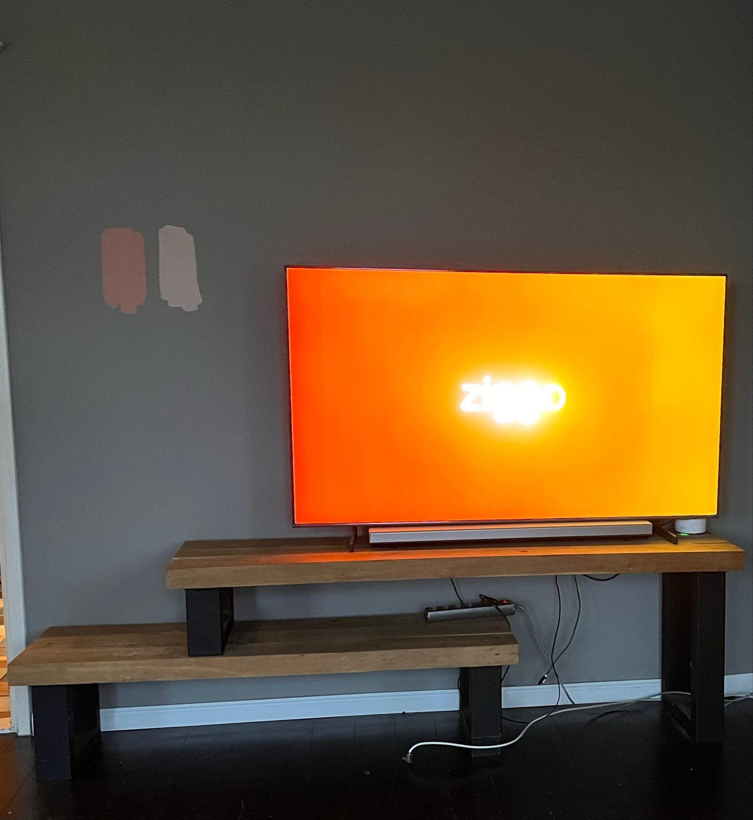 Eikenhouten TV meubel met stalen frame, Huis en Inrichting, Kasten | Televisiemeubels, Ophalen, Gebruikt, 150 tot 200 cm, Eikenhout