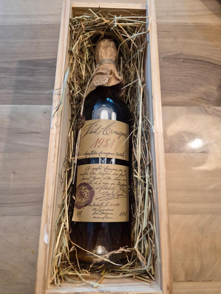 Vieux Armagnac 1951 Baron Gaston Legrand in houten kist, Ophalen of Verzenden, Zo goed als nieuw, Frankrijk, Overige typen