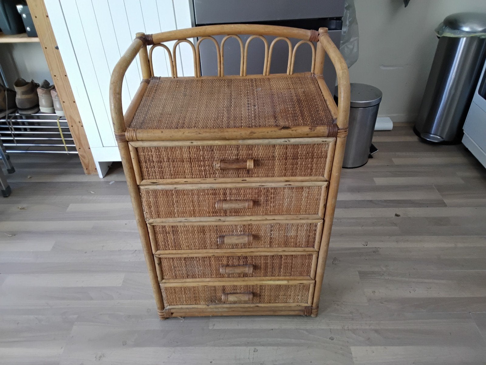 Vintage bamboe grenen 5 laden kastje, Ophalen