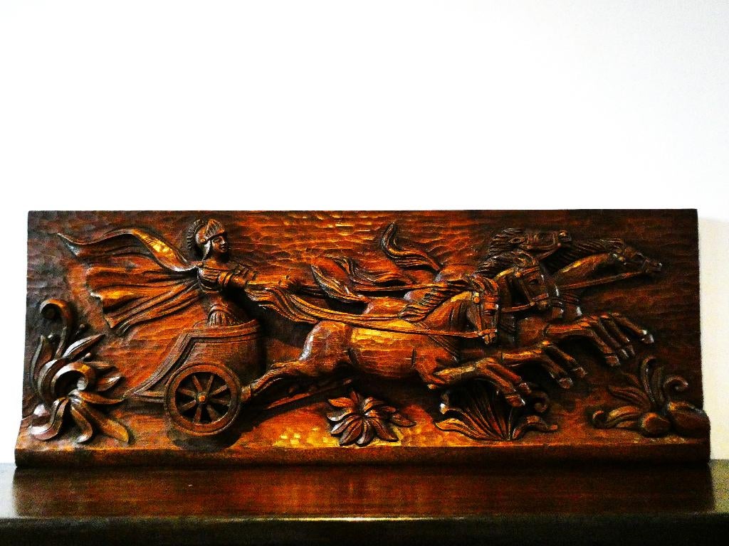 Groot houten paneel Romeinse strijdwagen paarden ridder, Antiek en Kunst, Ophalen of Verzenden, Handgemaakt, Wanddecoratie, 1 meter - 2 meter