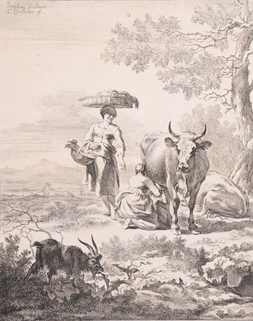 Cornelis Visscher naar Nicolaes Pietersz. Berchem, 26 cm, Ets, Origineel, Landschap