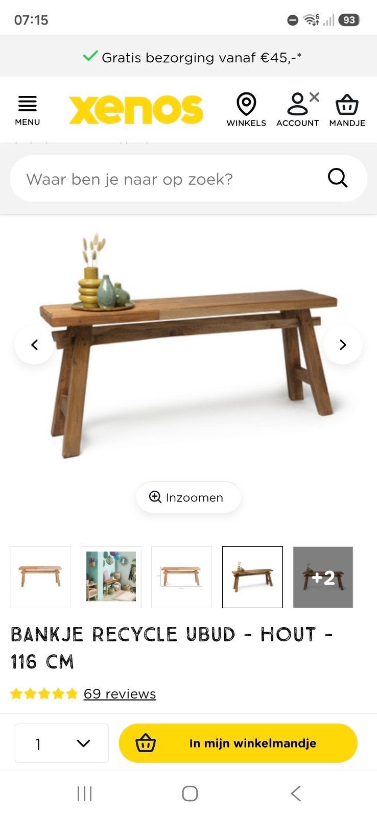 Houten bankje - gerecycled teakhout - 116 cm, Ophalen, 50 – 75, Minder dan 50 cm, Gebruikt