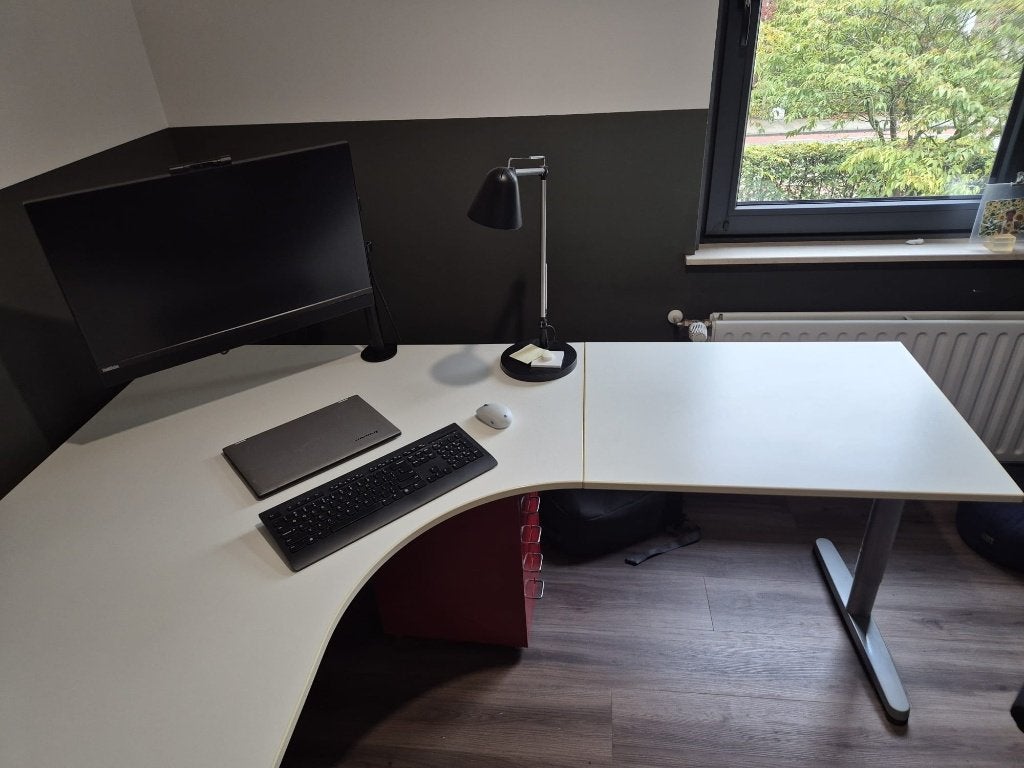 IKEA GALANT hoekbureau met aanbouwblad – wit – 160 x 200 cm, Ophalen, Demontabel, Gebruikt, Hout