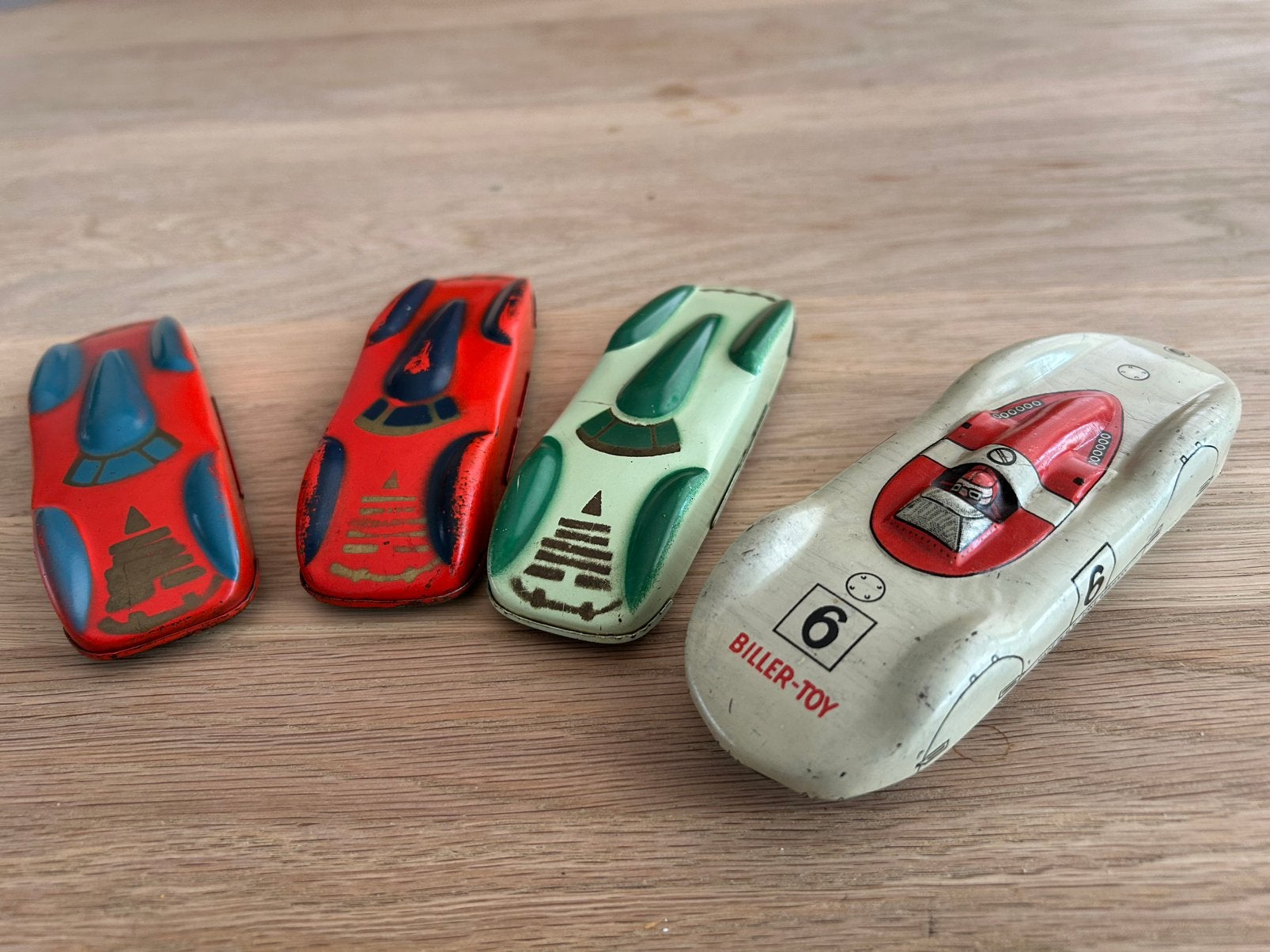 4 Biller Toys raceauto, blik Rennwagen US-Zone Germany 50ers, Antiek en Kunst, Ophalen of Verzenden