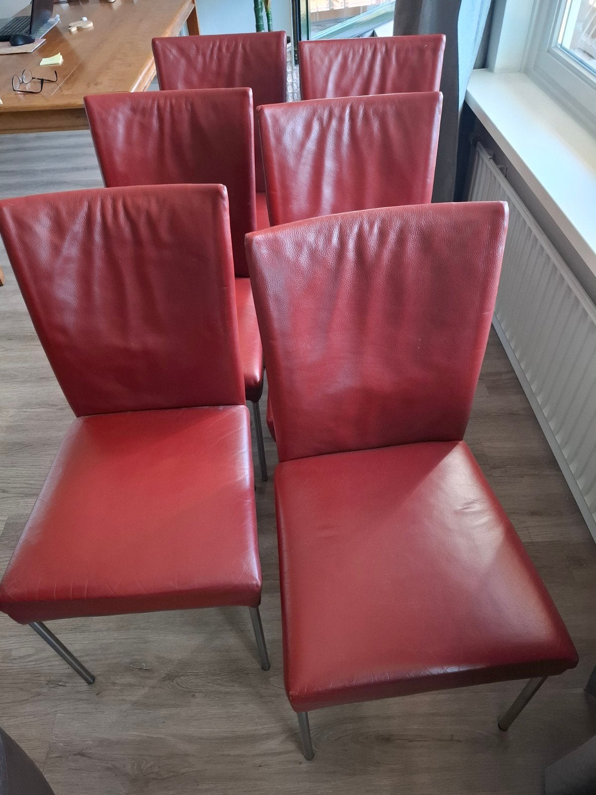 6 Bordeaux rode BERT PLANTAGIE eetkamerstoelen, Huis en Inrichting, Stoelen, Gebruikt, Ophalen of Verzenden, Modern, Vijf, Zes of meer stoelen