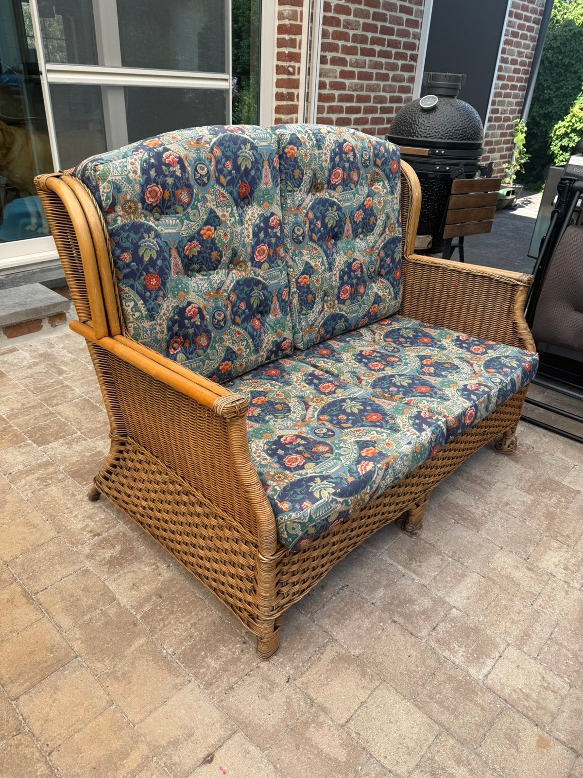 Mooie vintage rotan riet tuinset lounge zetel bamboo, Ophalen, Zo goed als nieuw, 2 zitplaatsen
