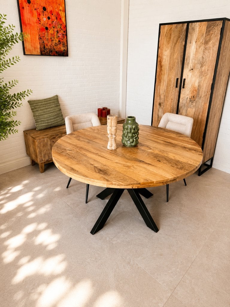 Magazijn Leegverkoop Ronde eettafel mangohout matrix zwart, Hout, Nieuw, Ophalen of Verzenden, Info@wkhome.nl