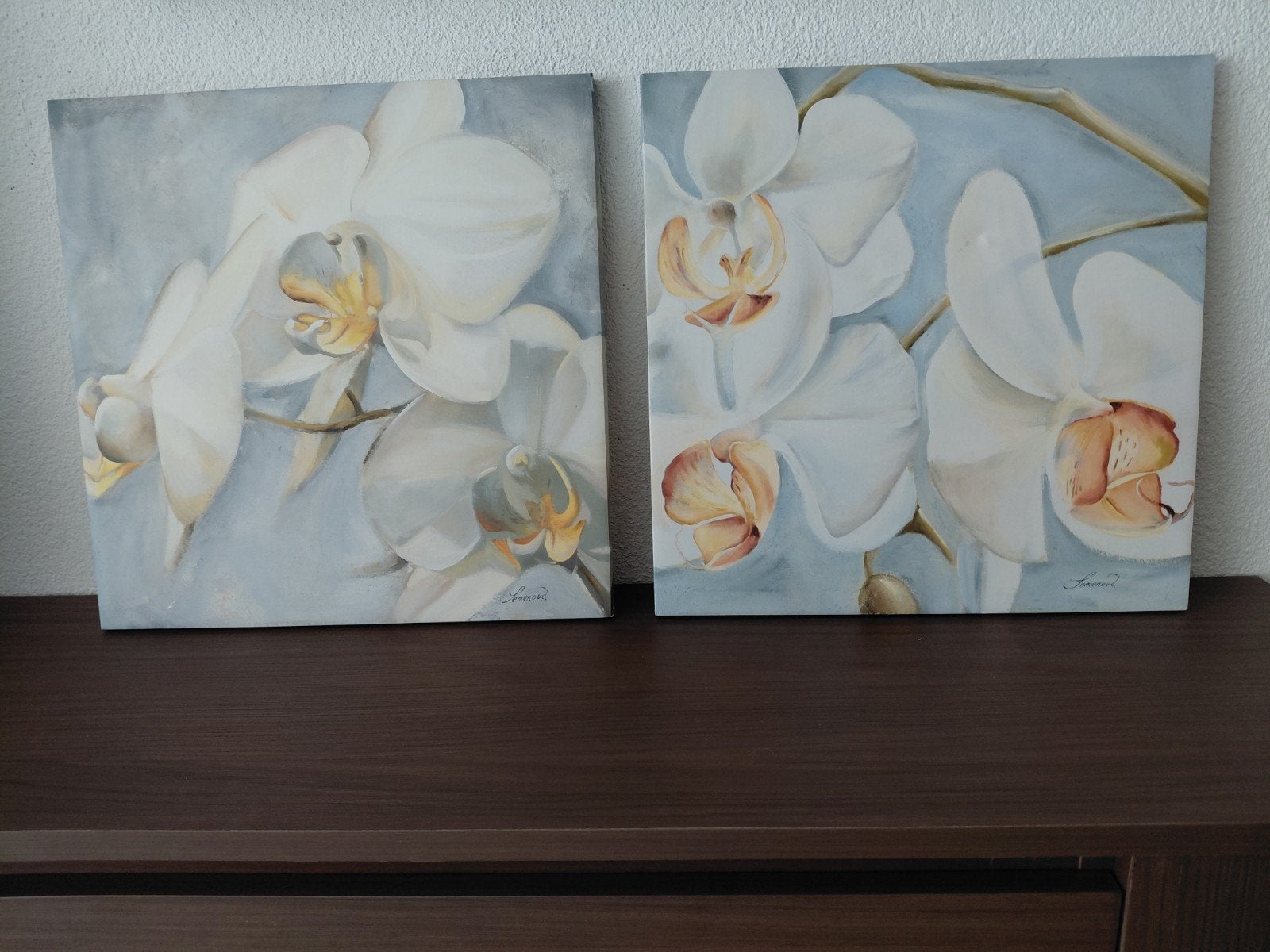 Set van 2  orchideeën schilderijen, Minder dan 50 cm, Ophalen of Verzenden, Zo goed als nieuw, Schilderij