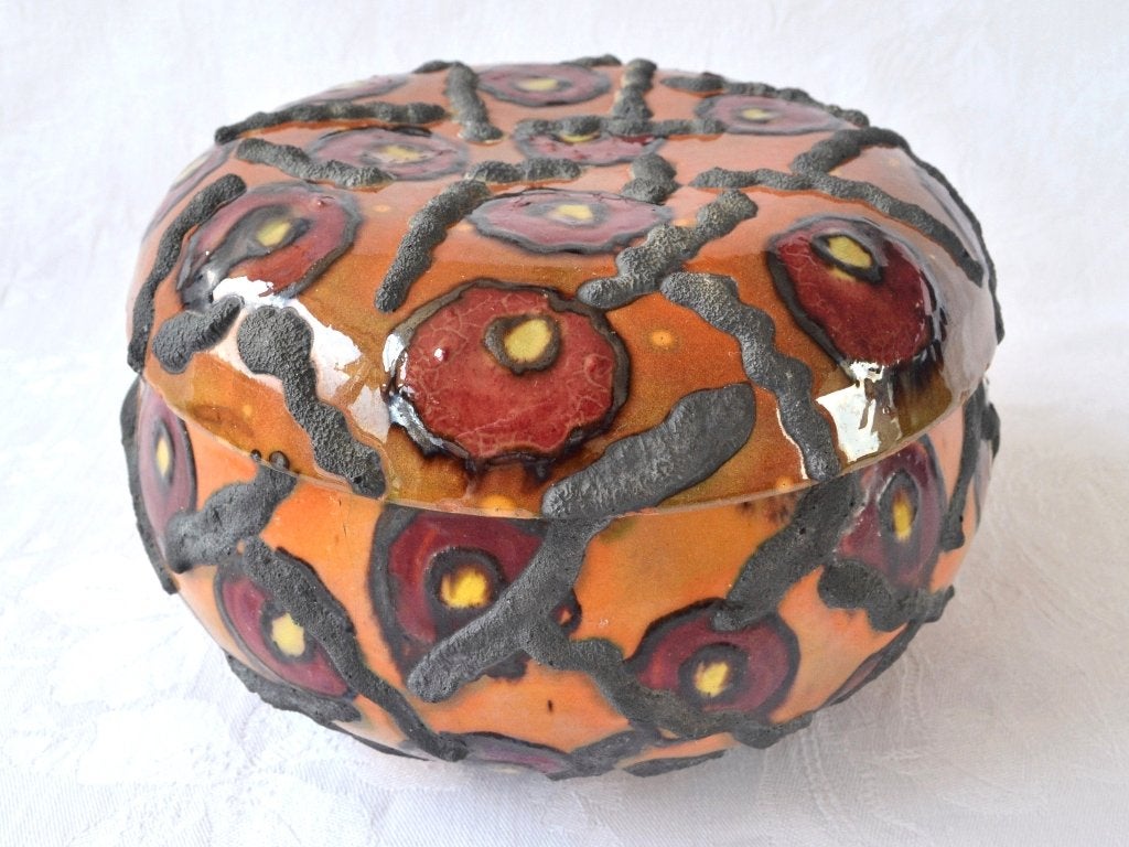 Ronde, oranje aardewerk Dekseldoos – SISPA Savoie, France, Ophalen of Verzenden