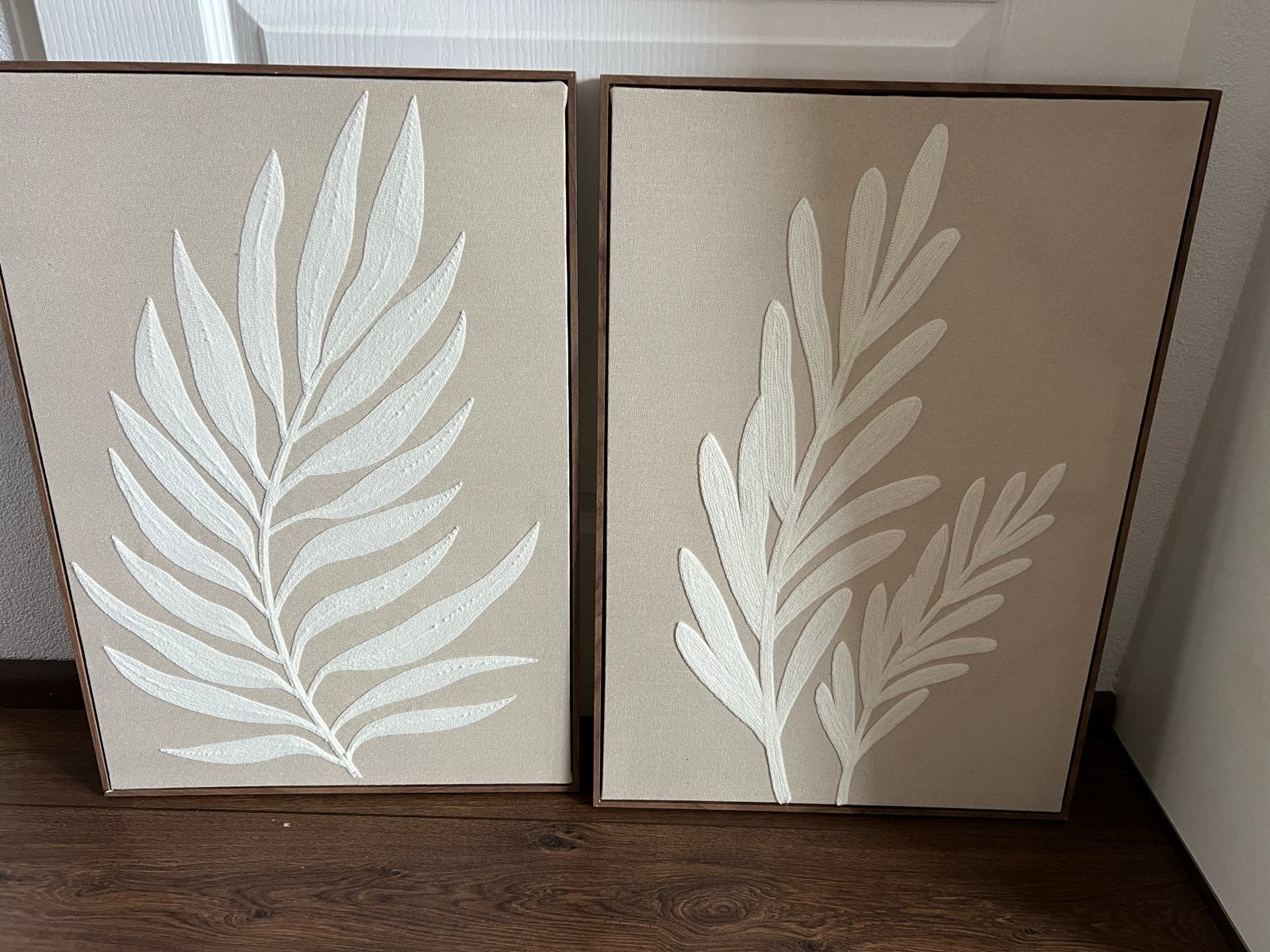 Set van 2 moderne schilderijen met bladmotief, Ophalen, Overig onderwerp, Op houten frame, Overige technieken