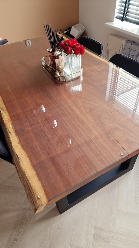 Iroko Houten Eettafel met Glas en 6 Stoelen, Ophalen, Gebruikt, 100 tot 150 cm, Glas