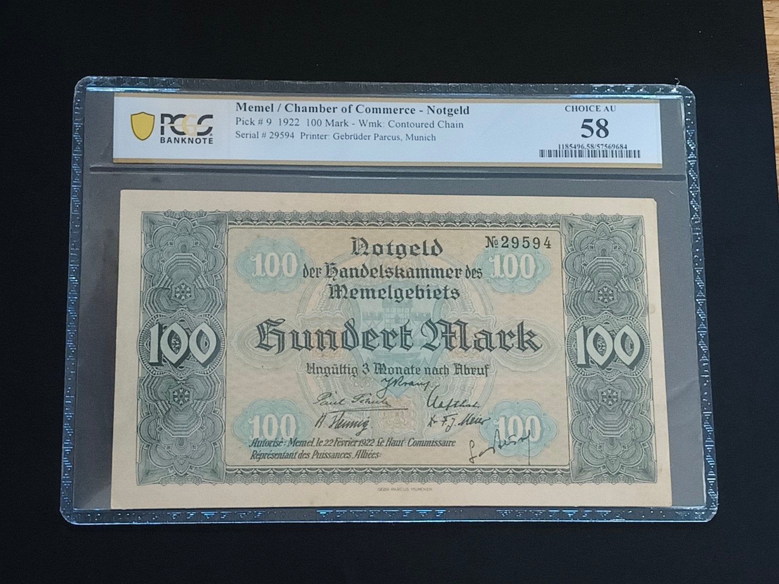 Memel 100 mark 1922 PCGS58, Ophalen of Verzenden, Duitsland