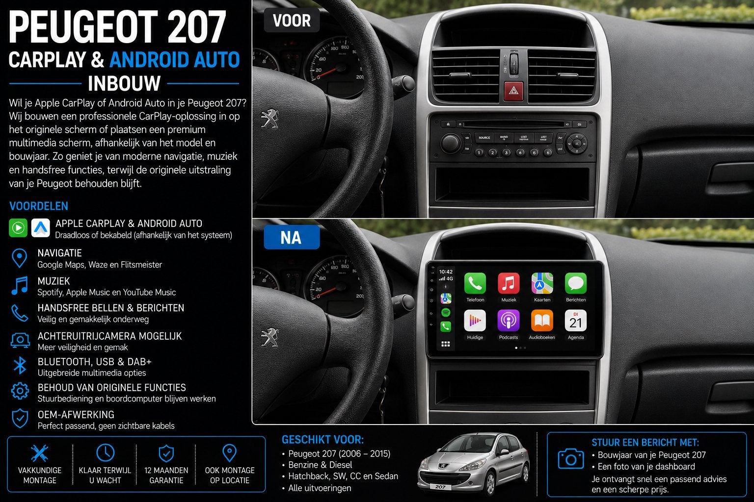 Peugeot 207 CarPlay & Android Auto Inbouw, Ophalen, Nieuw