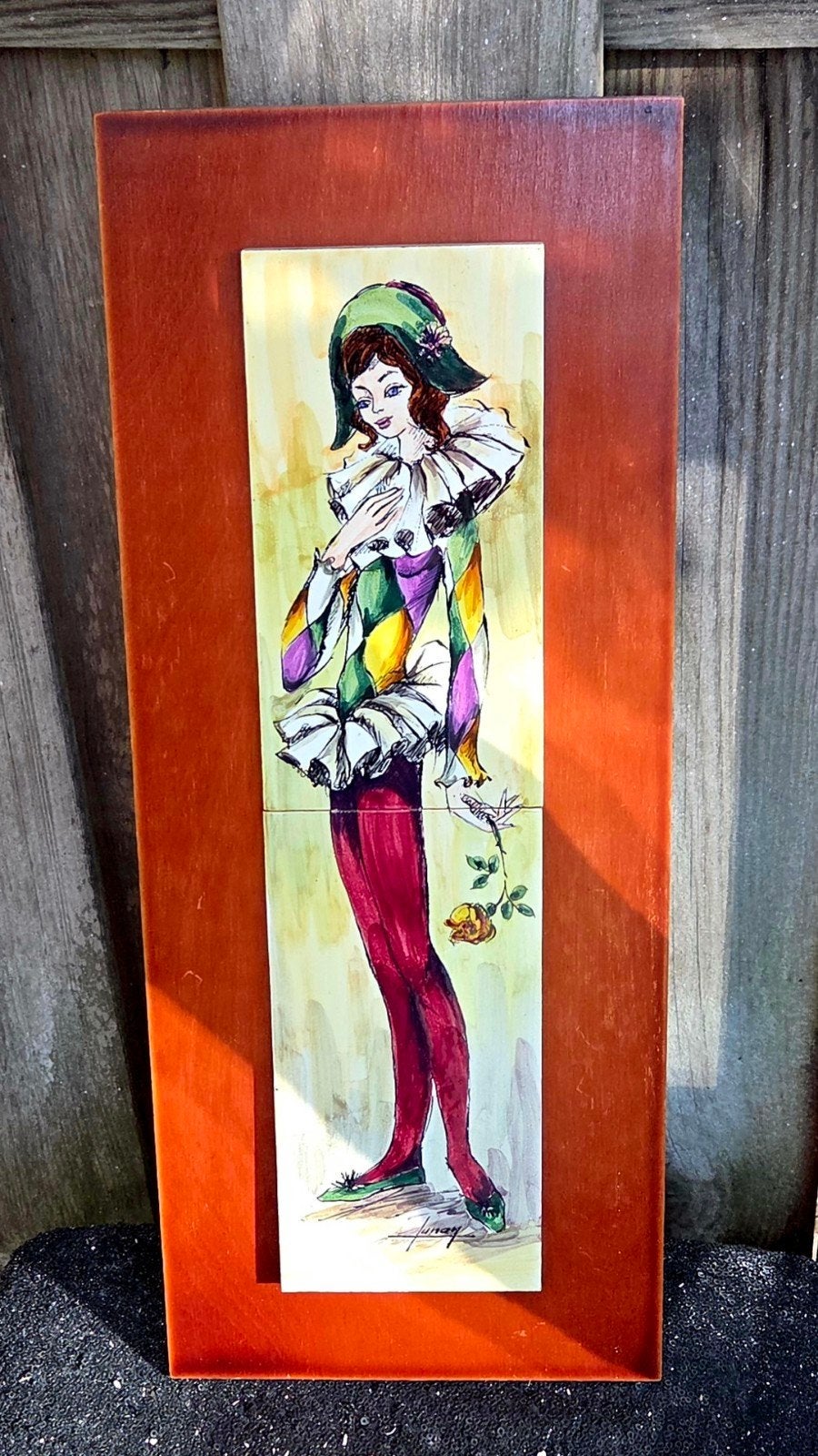 Wanddecoratie jaren 60/70 handbeschilderd tegeltableau, Ophalen of Verzenden, Zo goed als nieuw