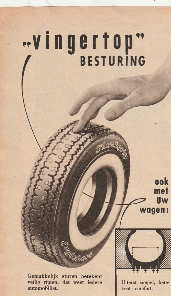 Retro reclame 1957 Silentgrip Englebert auto banden vingers, Verzenden, Overige typen