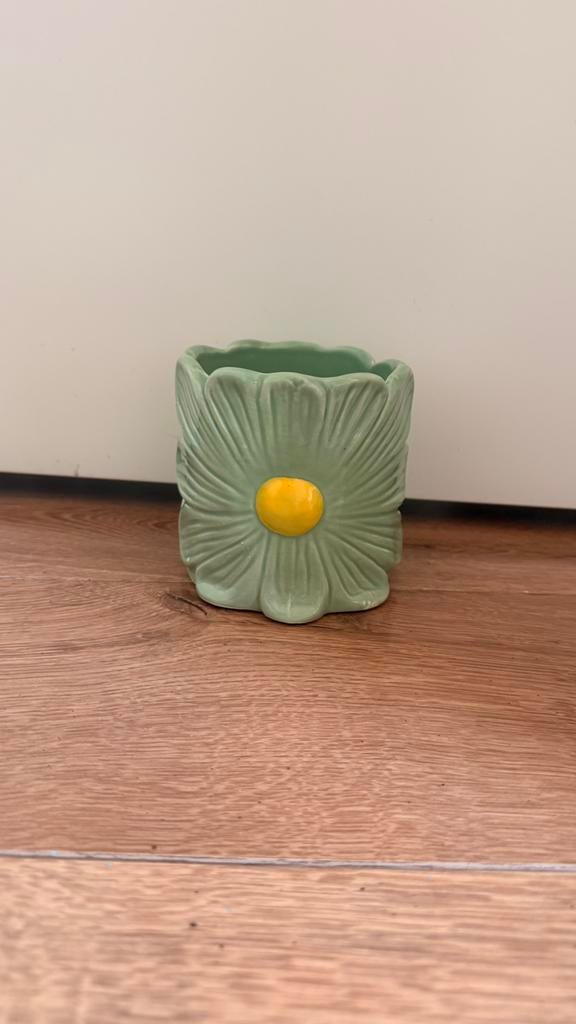 Bloempot met blauw/groene bloem, Rond, Binnen, Ophalen of Verzenden, Zo goed als nieuw