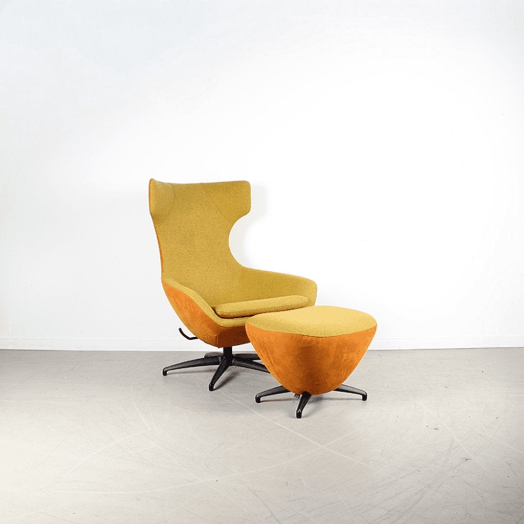 Leolux Caruzzo Plus Fauteuil Geel/Cognac Stof + Hocker, Niet ingevuld, Zo goed als nieuw, Niet ingevuld, Niet ingevuld