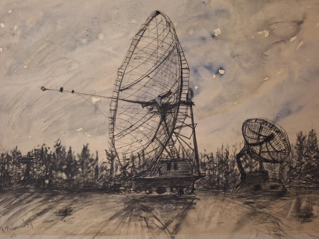 Tekening radiotelescopen, gesigneerd R. Breman, Ophalen of Verzenden