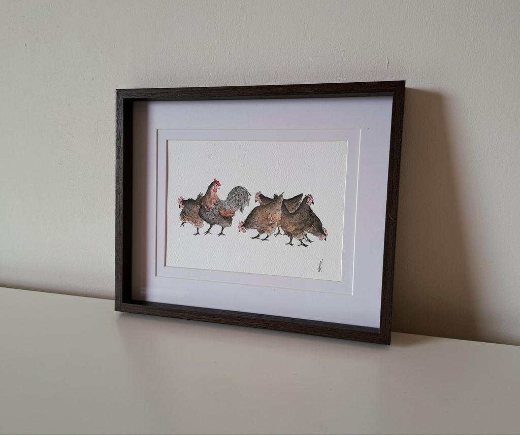 Origineel aquarel schilderij barnevelder kippen in lijst, Minder dan 50 cm, Nieuw, Ophalen of Verzenden, Minder dan 50 cm
