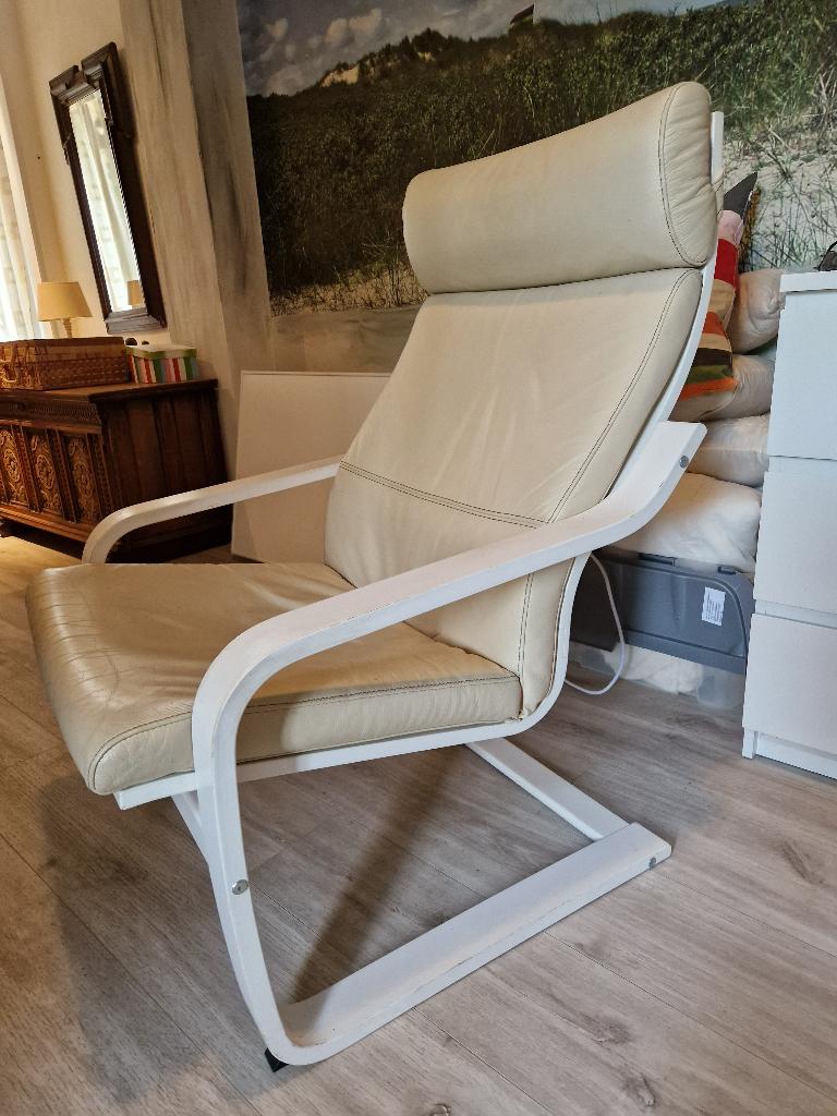 IKEA feauteuil  hout met leer cremekleur, Ophalen, Minder dan 50 cm, Gebruikt, Modern