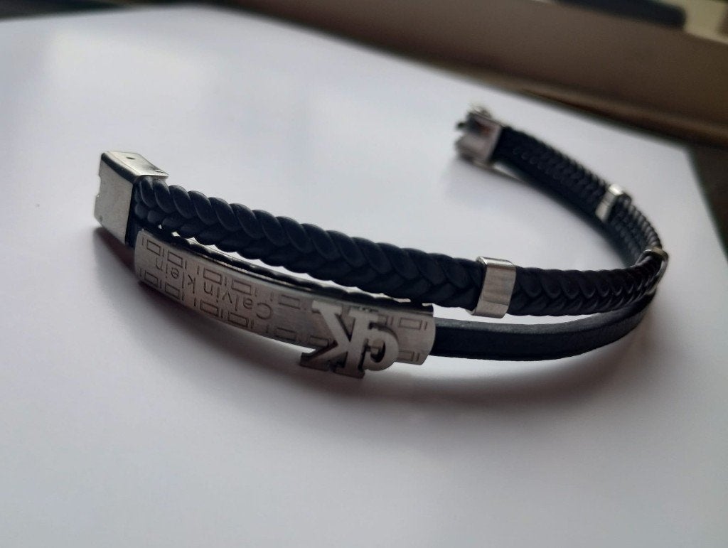 Calvin Klein Heren Armband - Leer & Roestvrij Staal, Sieraden, Tassen en Uiterlijk, Ophalen of Verzenden, Zo goed als nieuw, Zilver