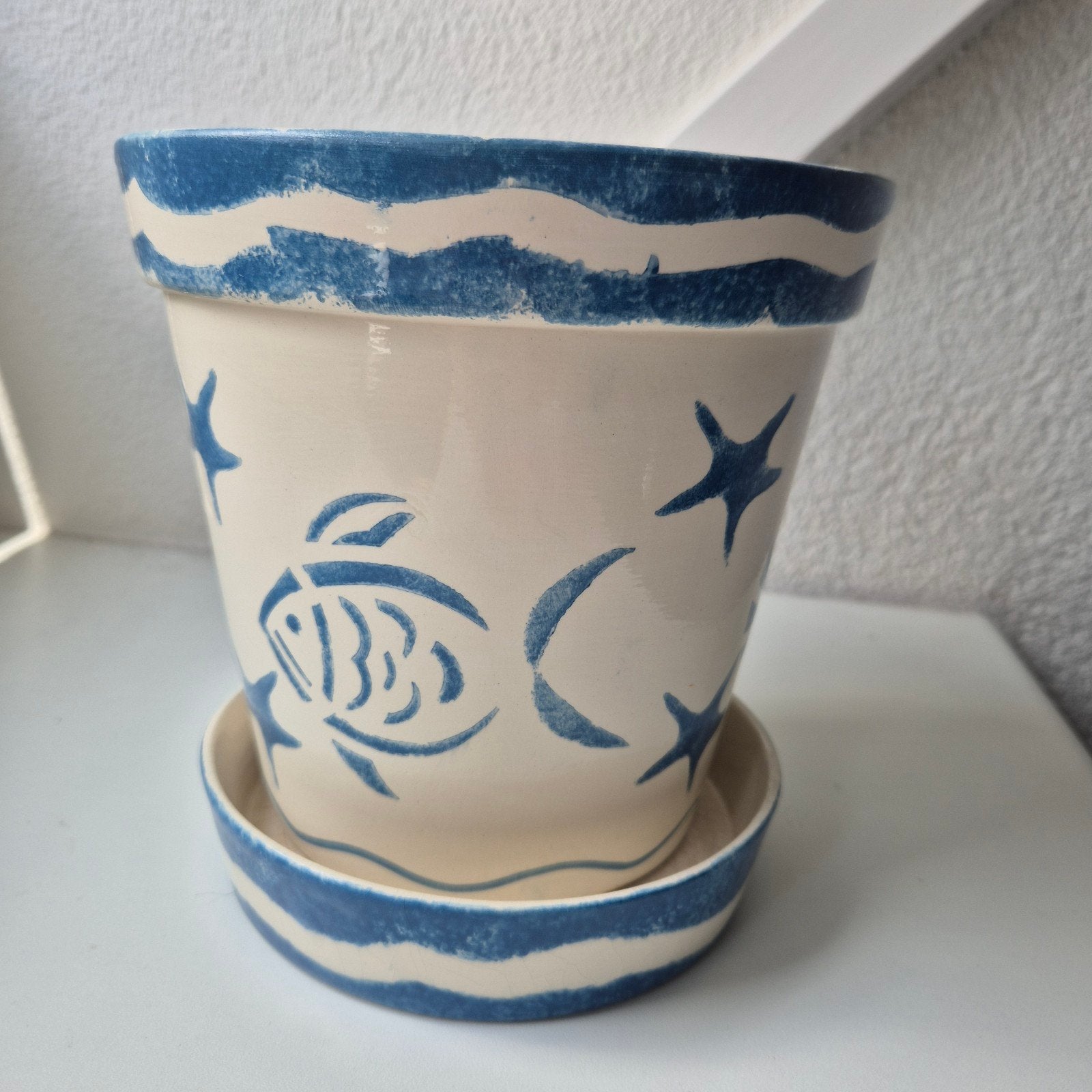 Porseleinen bloempot blauw wit met schotel (17x18cm), Rond, Binnen, Ophalen of Verzenden, Zo goed als nieuw