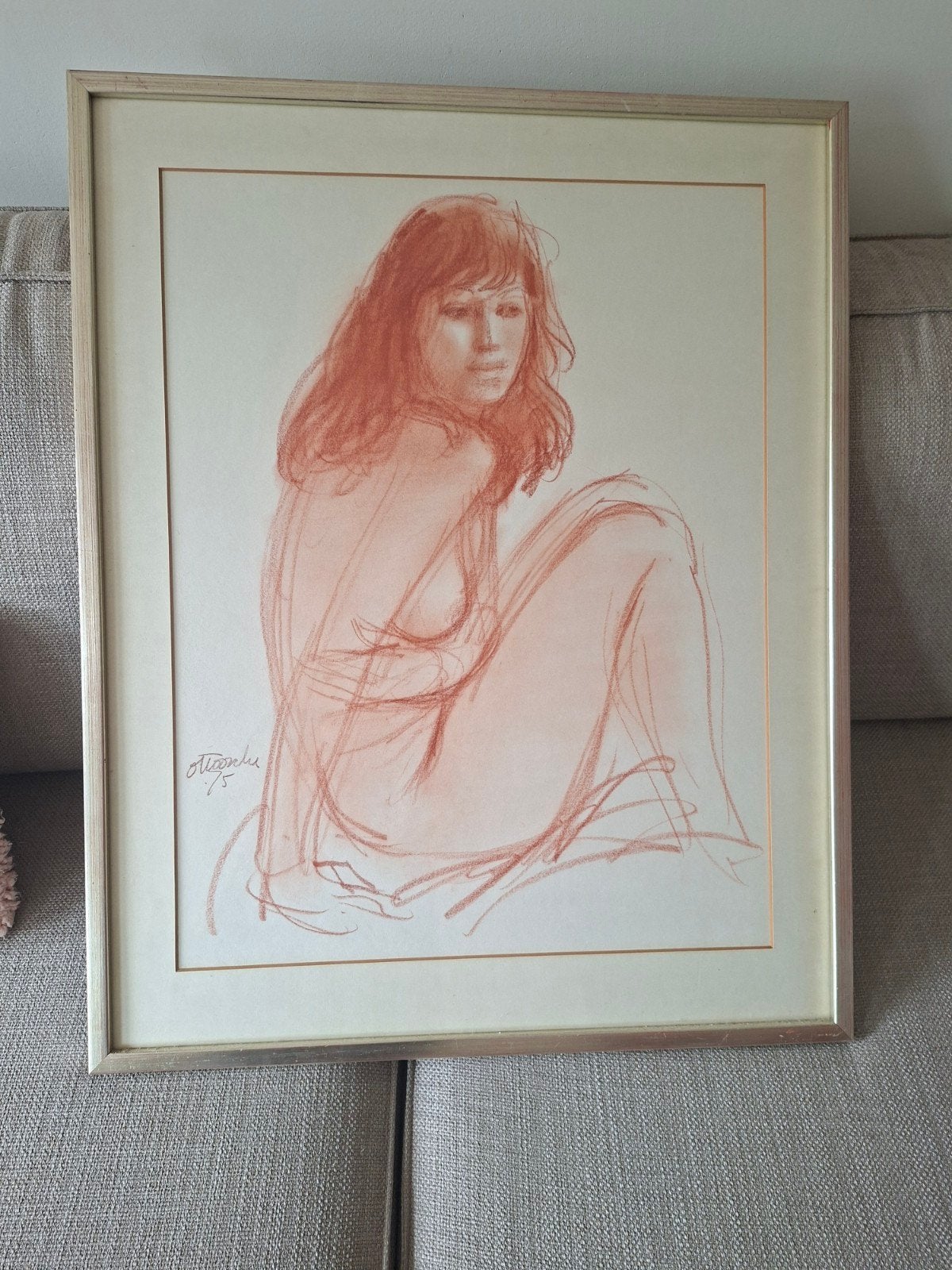 Gesigneerde Tekening Naaktmodel - Rood Krijt, Ophalen of Verzenden, Tekening, Krijttekening, Ingelijst