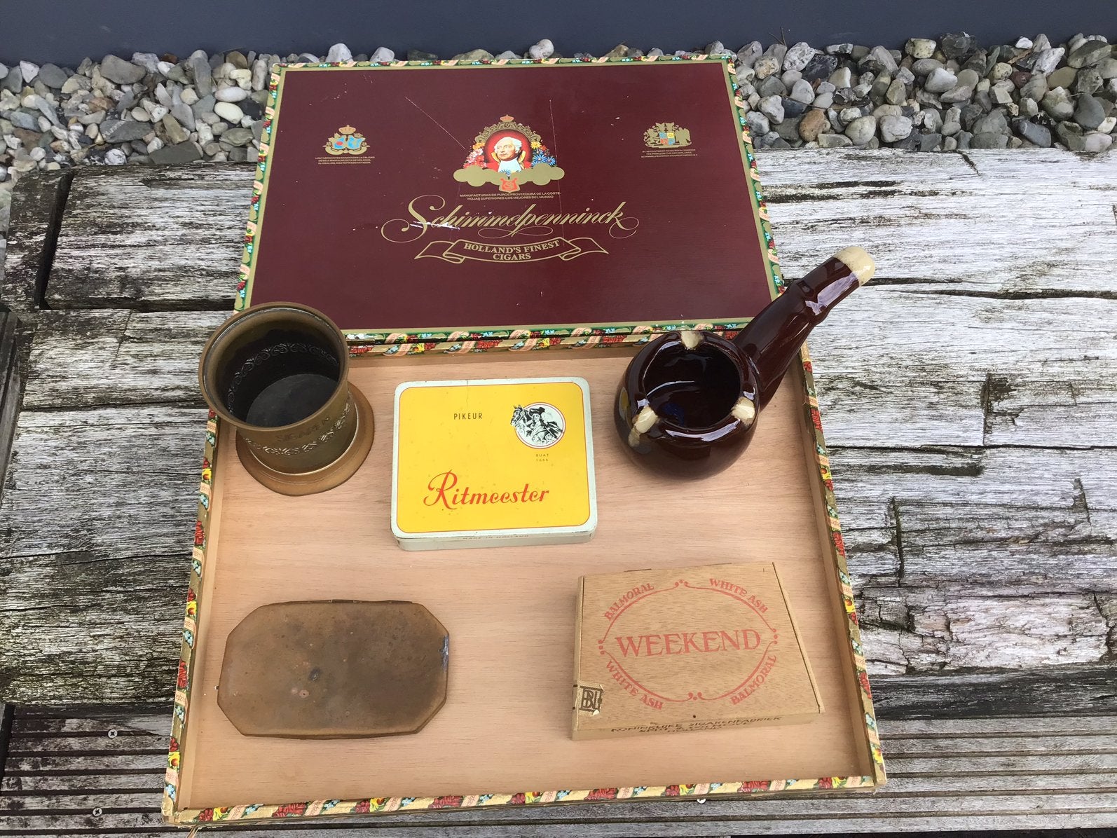 Koperen tabaksdoos - sigarenbeker - asbak als pijp - doosjes, Ophalen of Verzenden, Zo goed als nieuw, Tabaksdoos of Verpakking