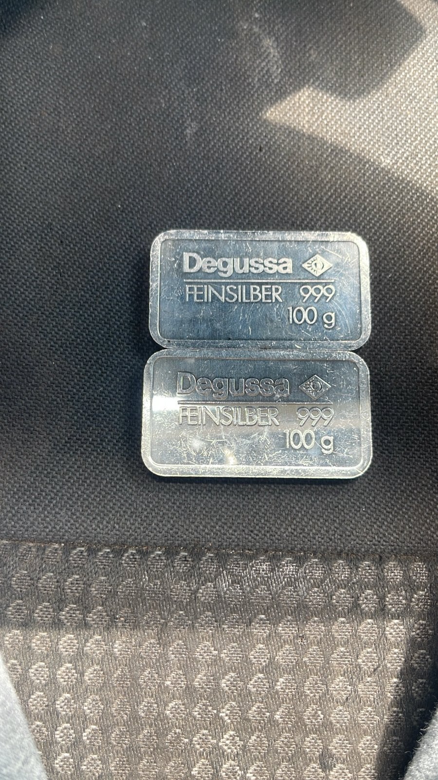 2x 100 gram Degussa Feinzilver 999 zilverbaren, Ophalen of Verzenden, Zilver