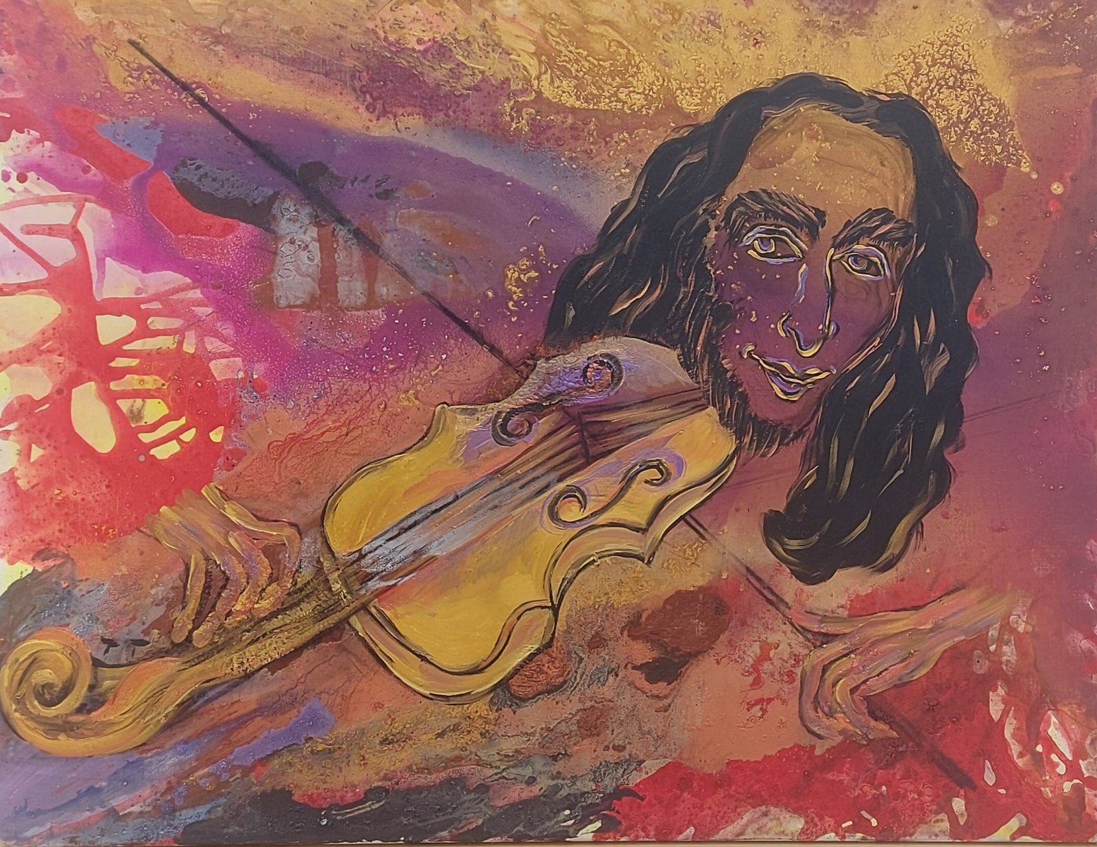 Olieverf op linnen: Vioolspeler, 100x130cm, Antiek en Kunst, Kunst | Schilderijen | Modern, Ophalen, Handgeschilderd, Olieverf